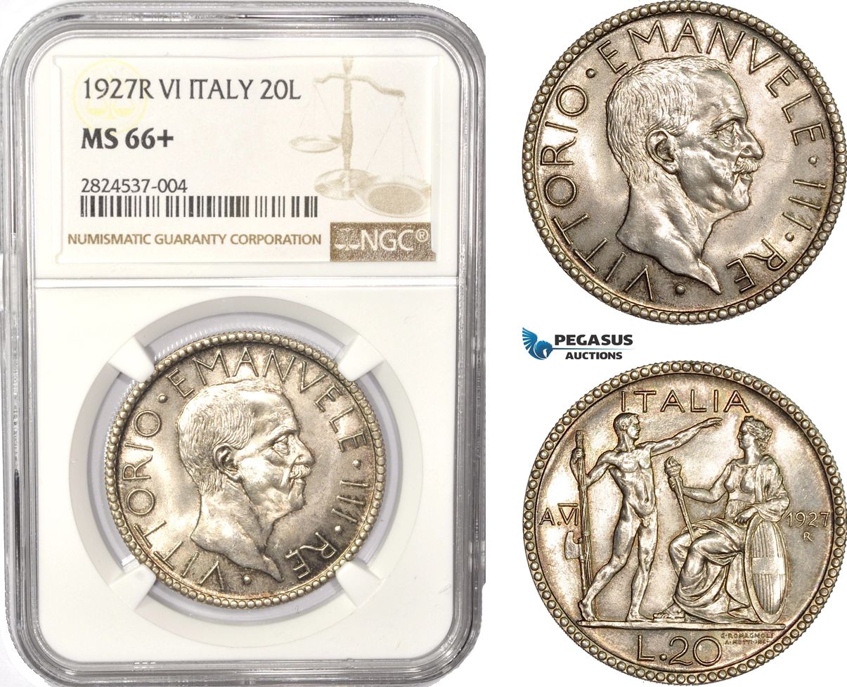 AC391, Italy, Vittorio Manuele III, 20 Lire 1927-R, A. VI, Rome, Silver, NGC MS66+, Pop 1/4