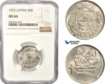 AC397, Latvia, 50 Santimi 1922, NGC MS64, Pop 3/1