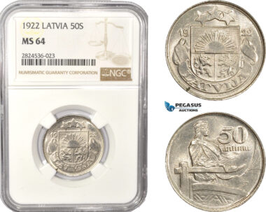 AC397, Latvia, 50 Santimi 1922, NGC MS64, Pop 3/1