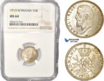 AC420, Romania, Carol I, 50 Bani 1910, Brussels, Silver, NGC MS64