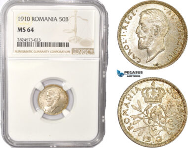 AC420, Romania, Carol I, 50 Bani 1910, Brussels, Silver, NGC MS64