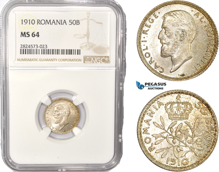 AC420, Romania, Carol I, 50 Bani 1910, Brussels, Silver, NGC MS64