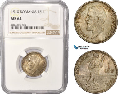 AC422, Romania, Carol I, 1 Leu 1910, Brussels, Silver, NGC MS64