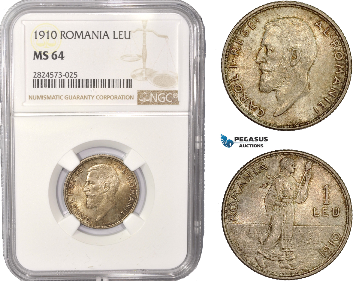 AC422, Romania, Carol I, 1 Leu 1910, Brussels, Silver, NGC MS64