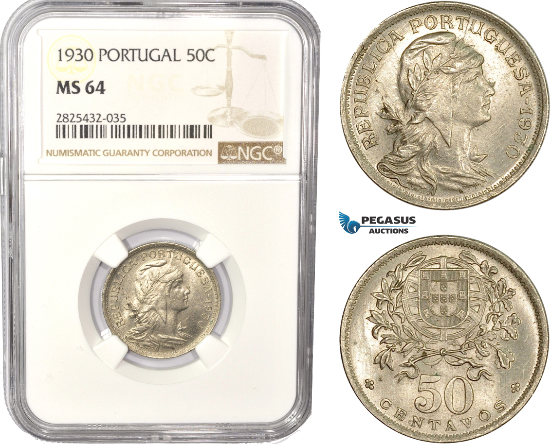 AC476-R, Portugal, 50 Centavos 1930, NGC MS64
