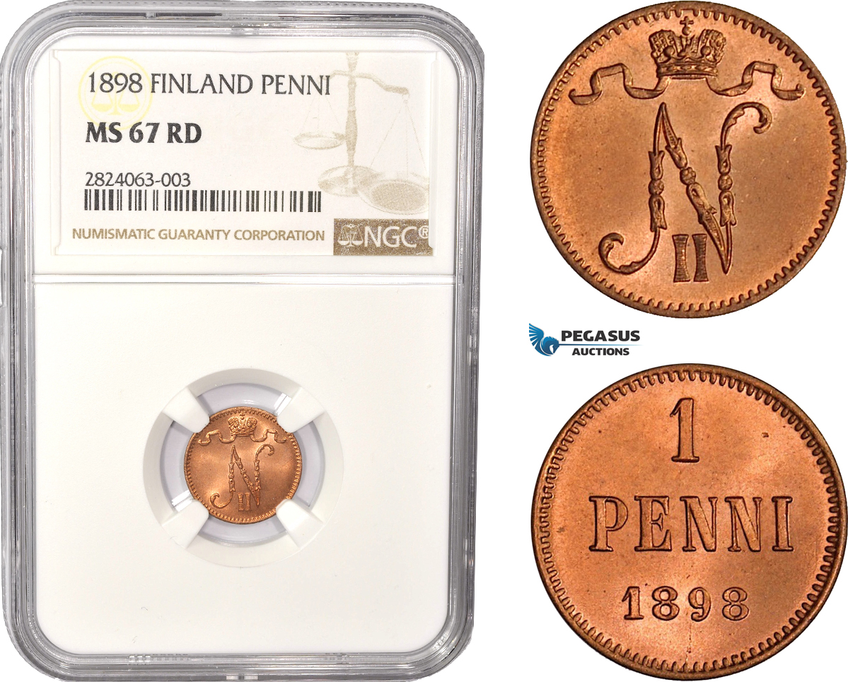 AC544, Finland (under Russia) Nicholas II, 1 Penni 1898, NGC MS67RD, Pop 1/0