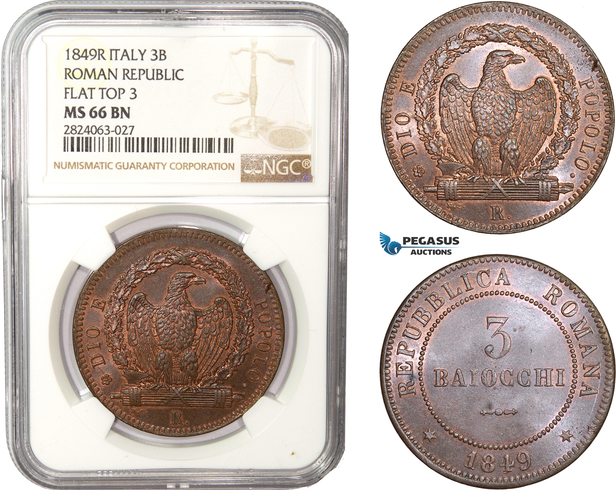 AC551, Italy, Roman Republic, 3 Baiocchi 1849-R, Rome, NGC MS66BN (Flat top 3) Pop 1/0