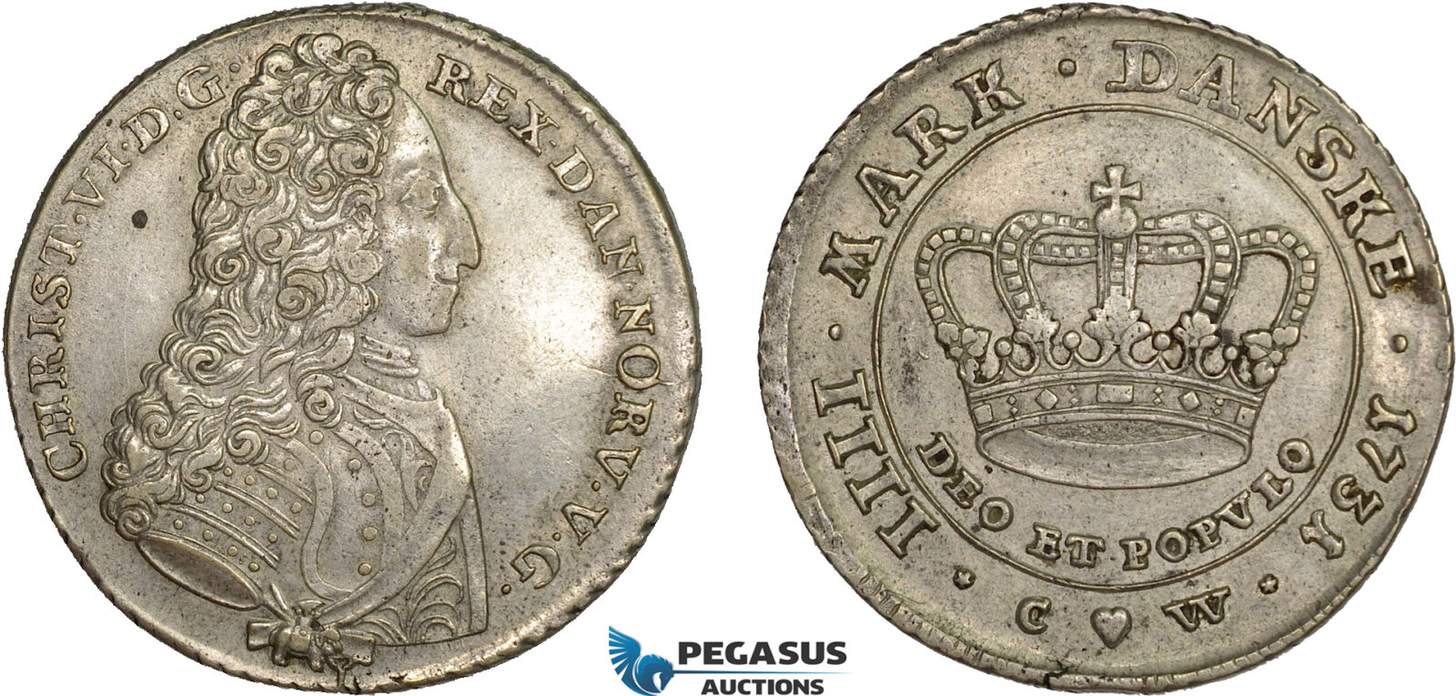 AC557, Denmark, Christian VI, 4 Mark (Krone) 1731 CW, Copenhagen, Silver, VF-XF