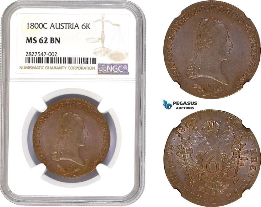 AC659, Austria, Franz II, 6 Kreuzer 1800-C, Prague, NGC MS62BN