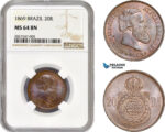 AC663, Brazil, Pedro I, 20 Reis 1869, NGC MS64BN