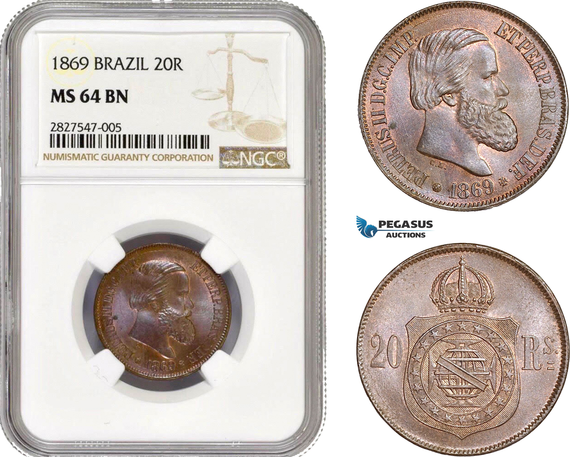AC663, Brazil, Pedro I, 20 Reis 1869, NGC MS64BN