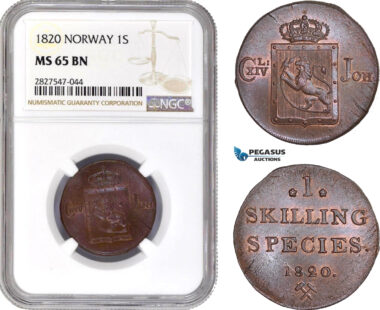 AC732, Norway, Carl XIV Johan, 1 Skilling 1820, Kongsberg, NGC MS65BN, Pop 1/0