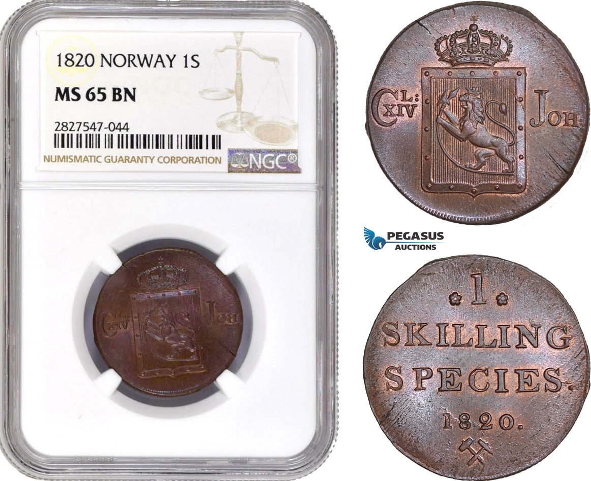 AC732, Norway, Carl XIV Johan, 1 Skilling 1820, Kongsberg, NGC MS65BN, Pop 1/0