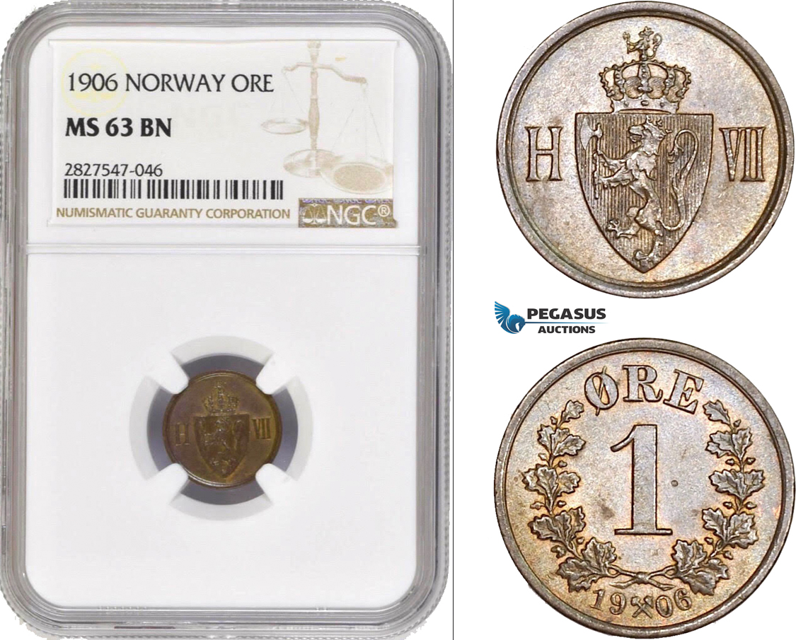 AC734, Norway, Haakon VII, 1 Øre 1906, Kongsberg, NGC MS63BN