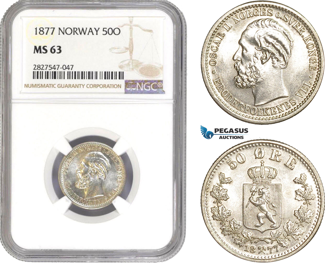 AC735, Norway, Oscar II, 50 Øre 1877, Kongsberg, Silver, NGC MS63, Pop 1/1