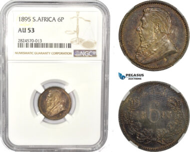 AC747, South Africa (ZAR) Sixpence (6P) 1895, Pretoria, Silver, NGC AU53