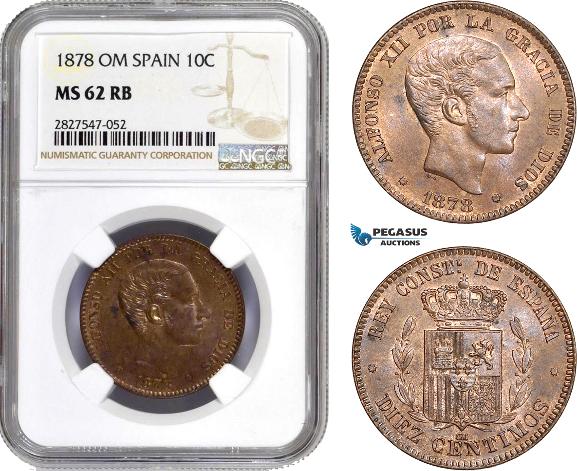 AC750, Spain, Alfonso XII, 10 Centimos 1878 OM, Barcelona, NGC MS62RB
