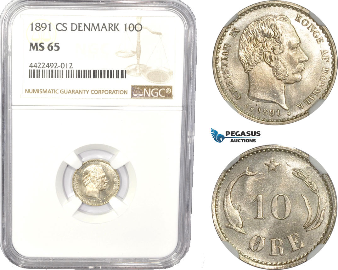 AC802, Denmark, Christian IX, 10 Øre 1891, Copenhagen, Silver, NGC MS65