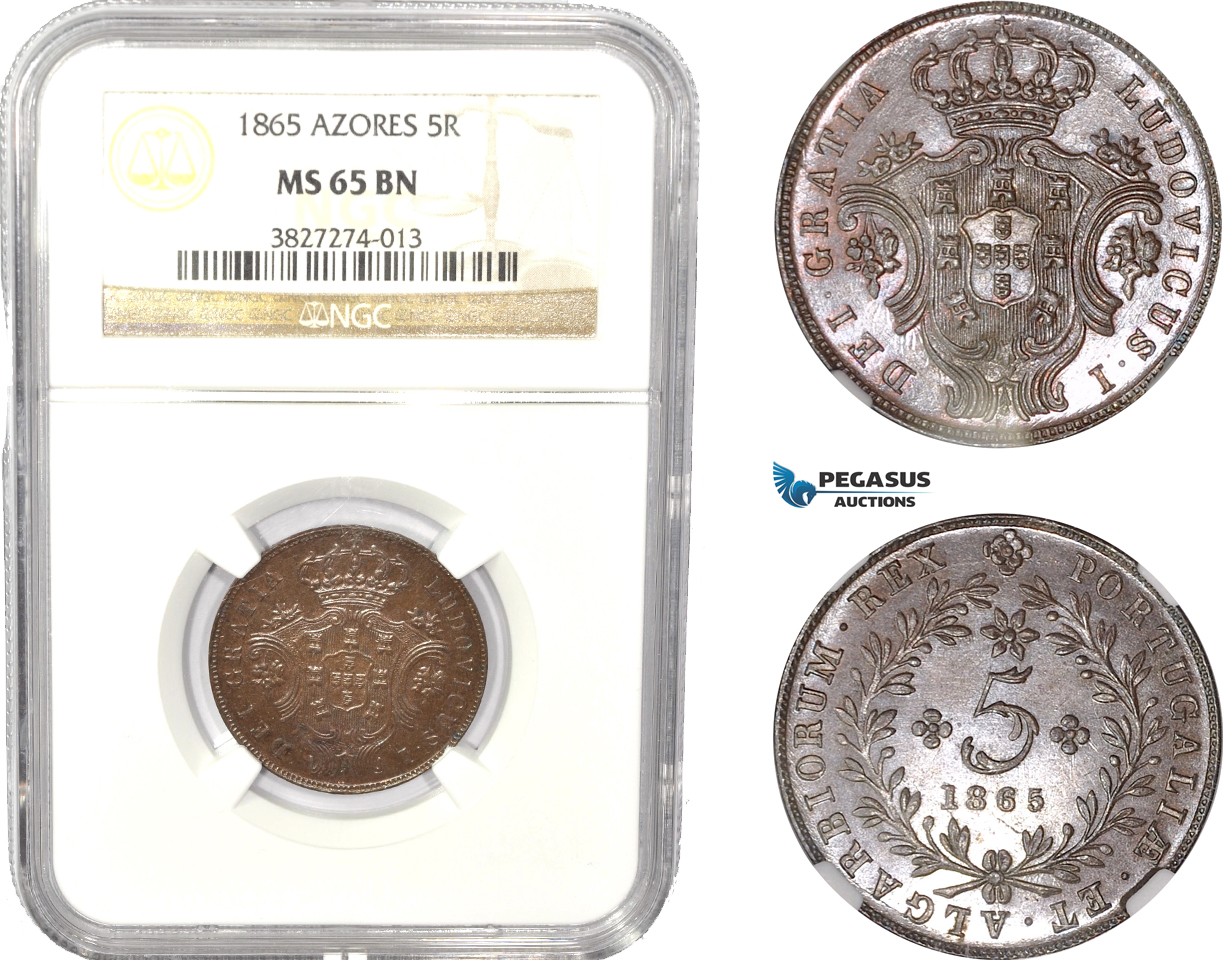 AC822, Portugal, Azores, Louis I, 5 Reis 1865, Lisbon, NGC MS65BN, Pop 1/0