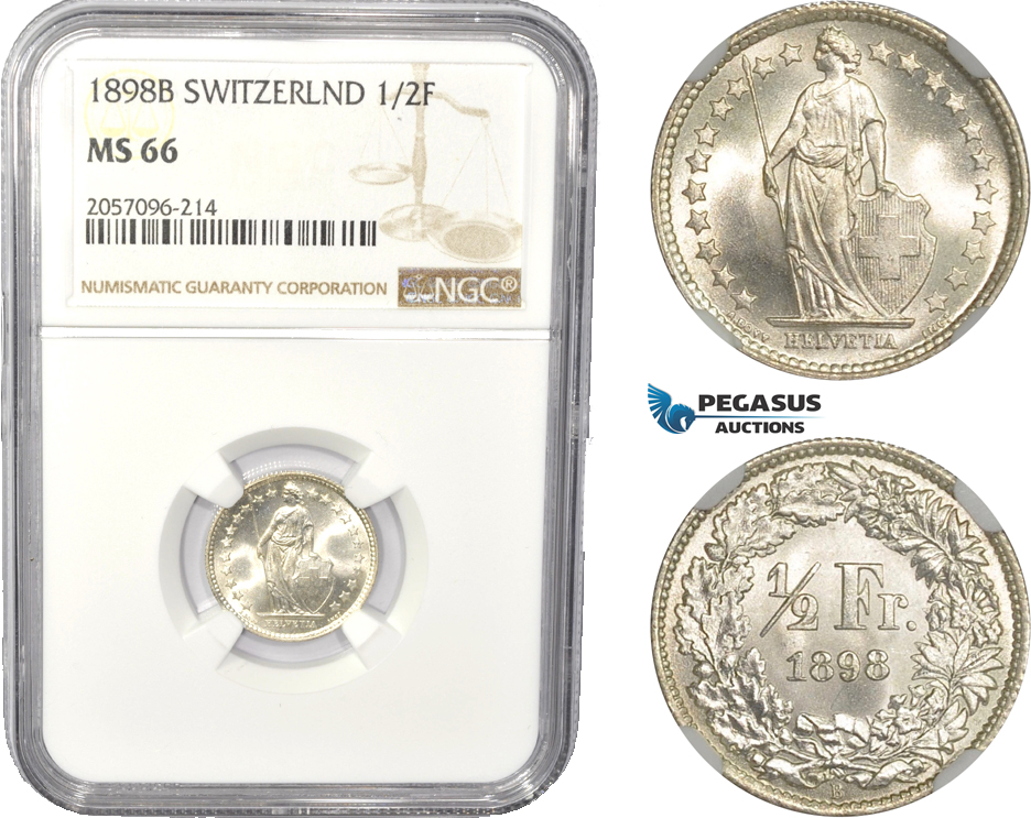 AC832, Switzerland, 1/2 Franc 1898-B, Bern, Silver, NGC MS66, Pop 5/0
