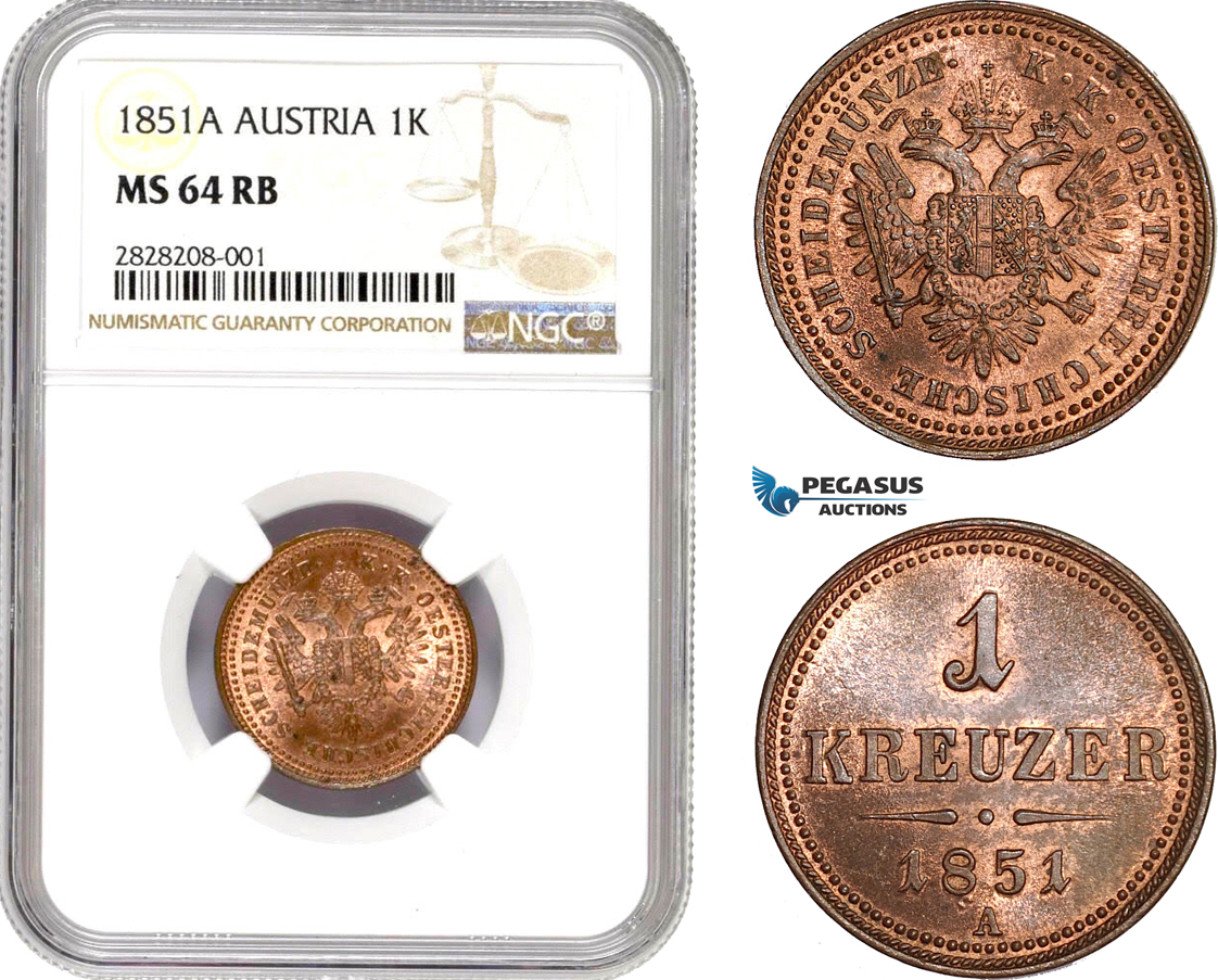 AC856, Austria, Franz Joseph, 1 Kreuzer 1851-A, Vienna, NGC MS64RB