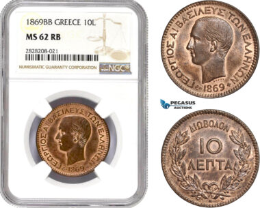 AC873, Greece, George I, 10 Lepta 1869-BB, Strasbourg, NGC MS62RB