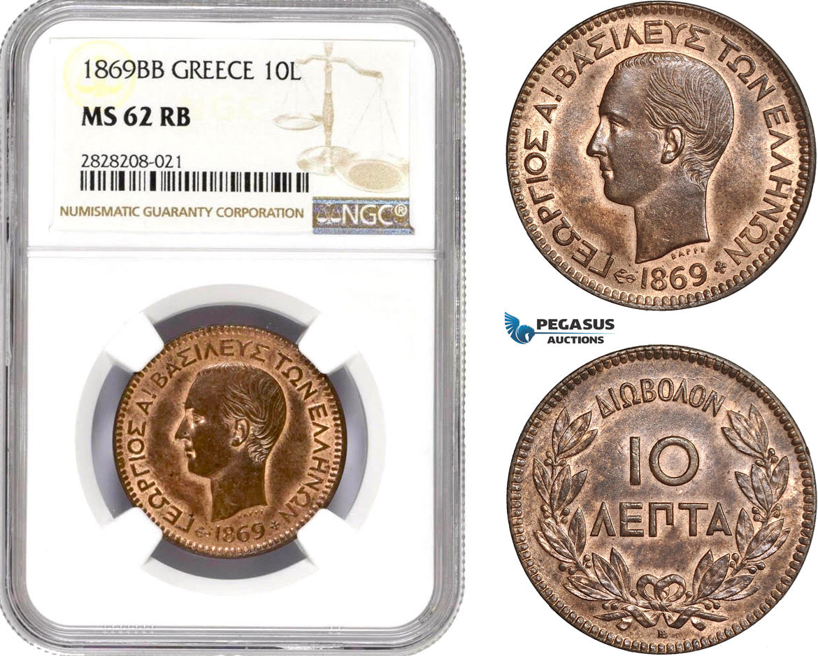 AC873, Greece, George I, 10 Lepta 1869-BB, Strasbourg, NGC MS62RB