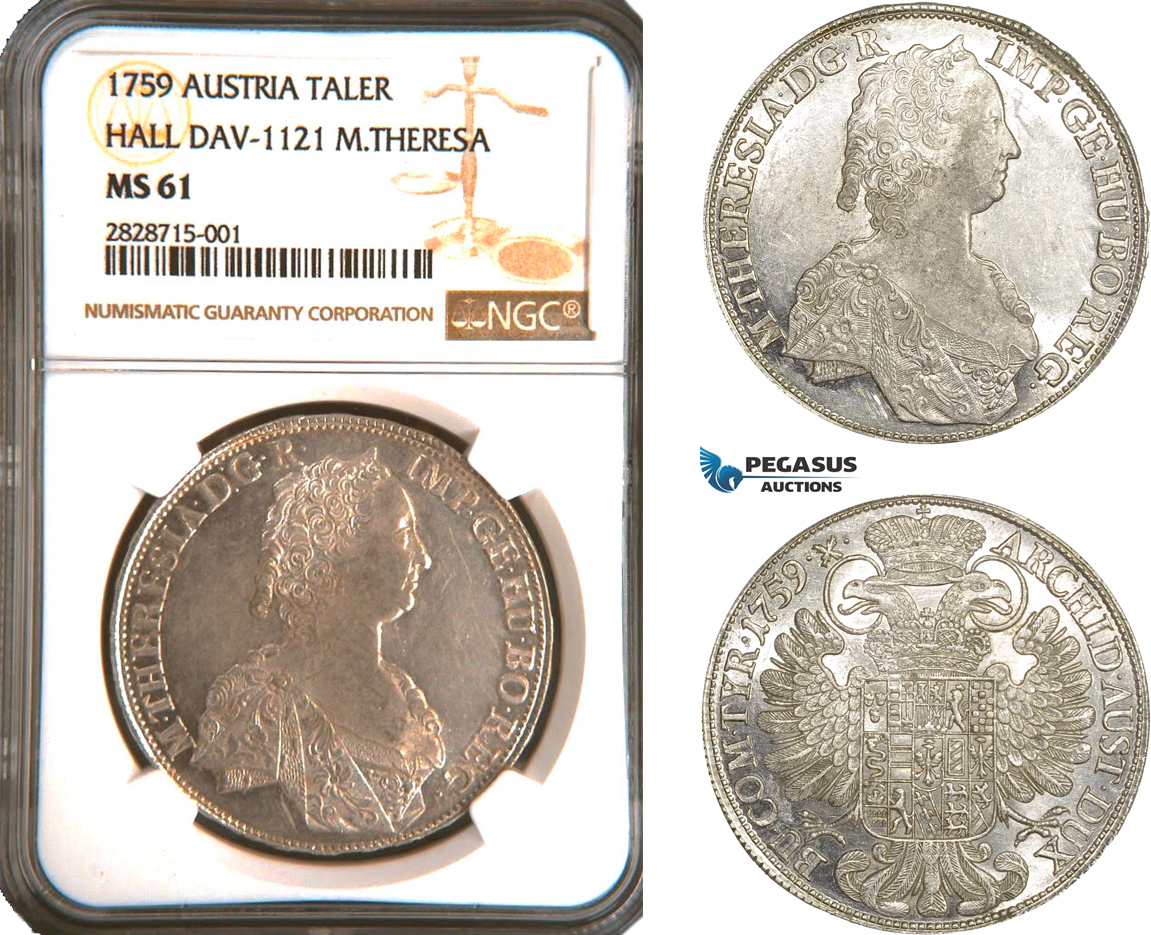 AC901, Austria, Maria Theresia, Taler 1759, Hall, Silver (Eyp. 79 var.) NGC MS61