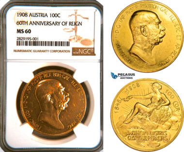 AC905, Austria, Franz Joseph, "Lady in the clouds" 100 Corona 1908, Vienna, Gold "60TH ANNIVERSARY OF REIGN" NGC MS60