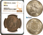 AC906, Brazil, Pedro II, 2000 Reis 1888, Silver, NGC MS63