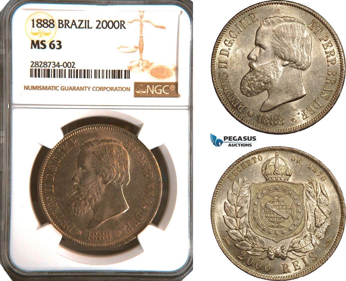 AC906, Brazil, Pedro II, 2000 Reis 1888, Silver, NGC MS63