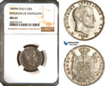AC941, Italy, Kingdom of Napoleon, 1 Lira 1809-M, Milan, Silver, NGC MS63, Pop 2/0