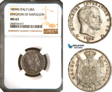AC941, Italy, Kingdom of Napoleon, 1 Lira 1809-M, Milan, Silver, NGC MS63, Pop 2/0