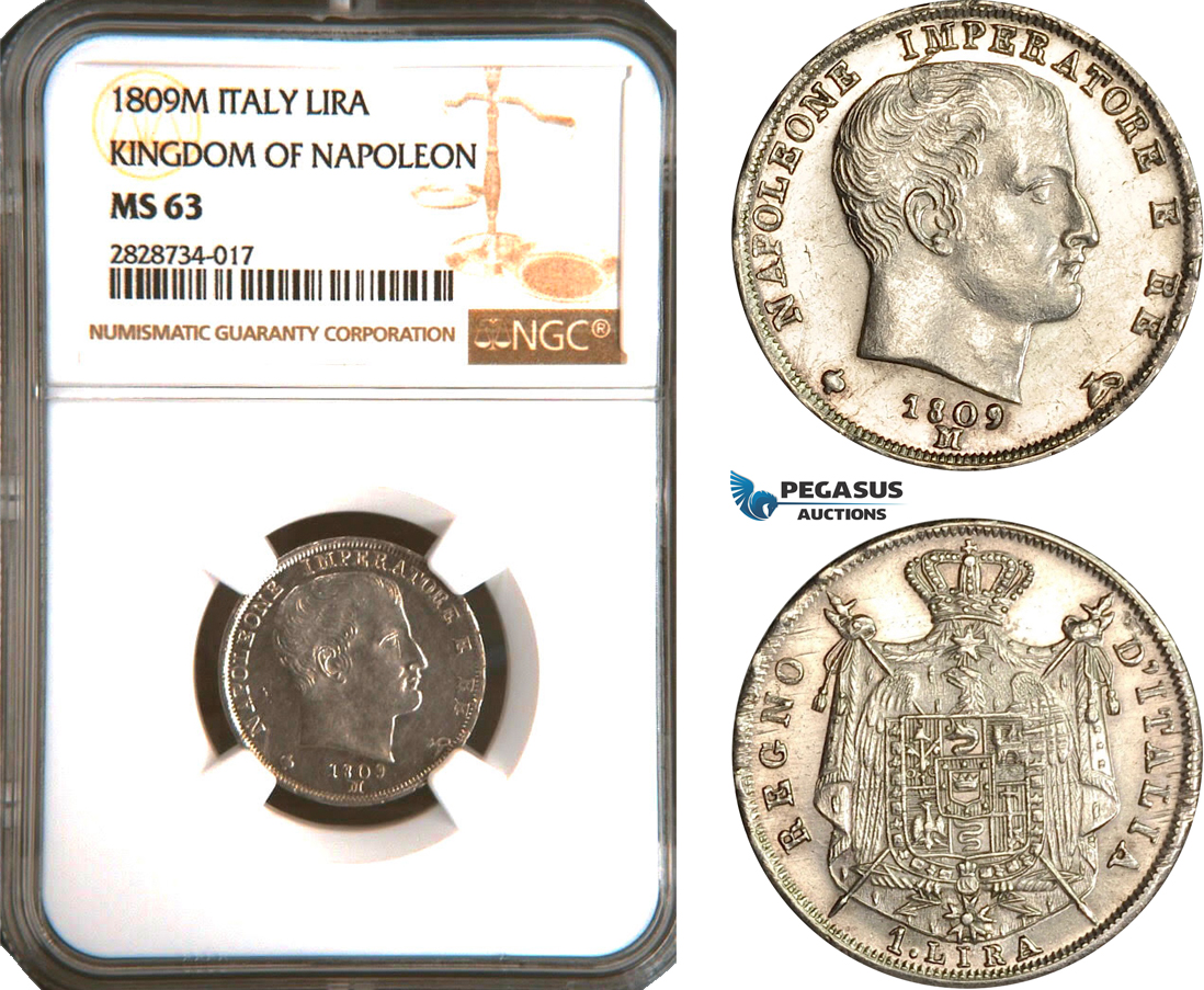 AC941, Italy, Kingdom of Napoleon, 1 Lira 1809-M, Milan, Silver, NGC MS63, Pop 2/0