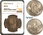 AC943, Italy, Vitt. Emanuele II, 5 Lire 1877-R, Rome, Silver, NGC MS64, Pop 2/1