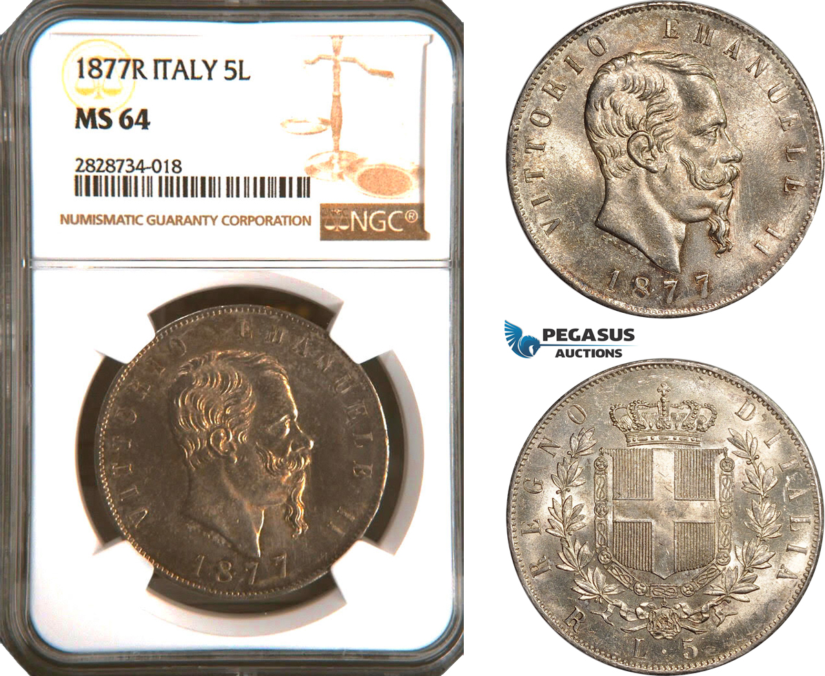AC943, Italy, Vitt. Emanuele II, 5 Lire 1877-R, Rome, Silver, NGC MS64, Pop 2/1
