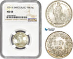 AC963, Switzerland, 1 Franc 1901-B, Bern, Silver, NGC MS66