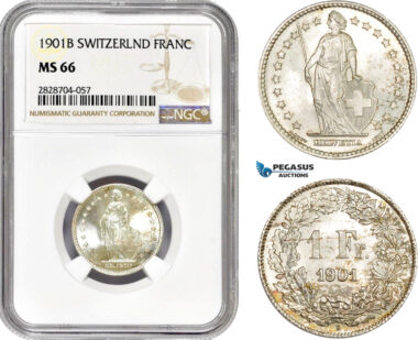 AC963, Switzerland, 1 Franc 1901-B, Bern, Silver, NGC MS66