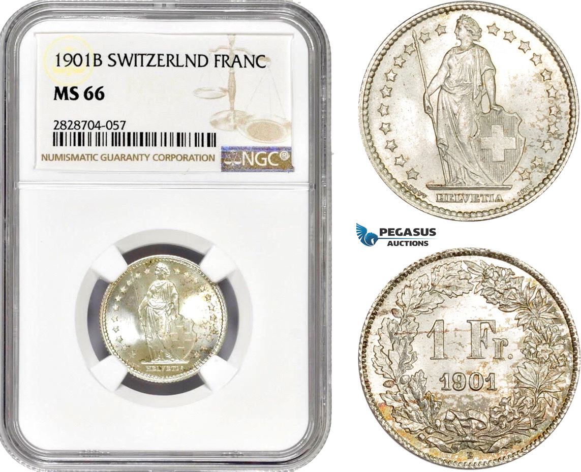 AC963, Switzerland, 1 Franc 1901-B, Bern, Silver, NGC MS66