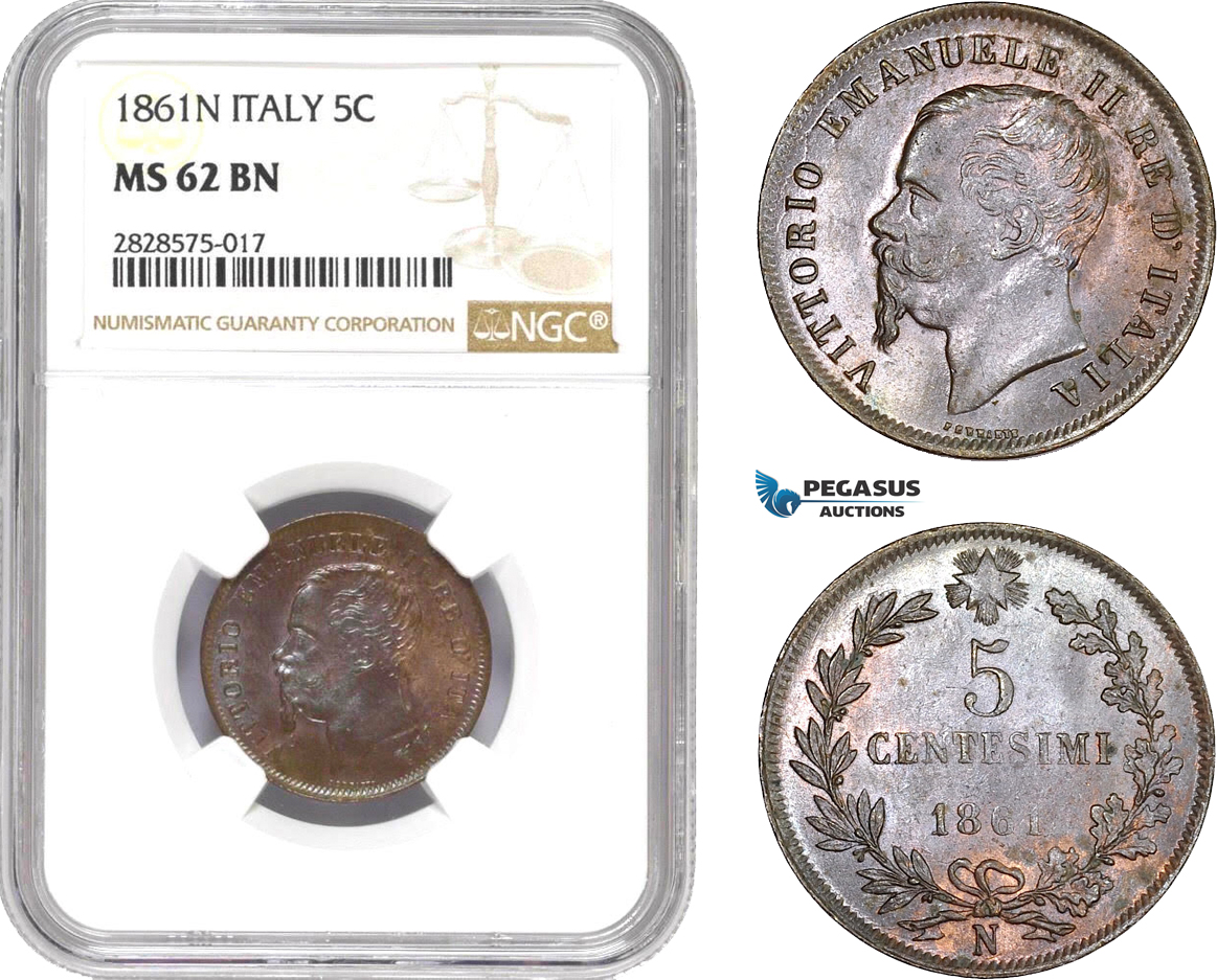 AD022-R, Italy, Vitt. Emanuele II, 5 Centesimi 1861-N, Naples, NGC MS62BN