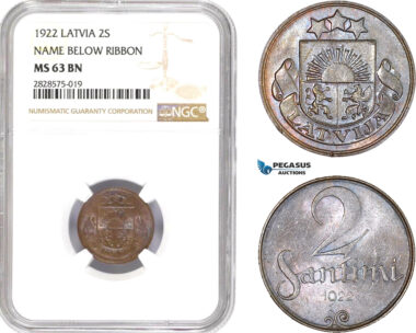 AD023-R, Latvia, 2 Santimi 1922, NGC MS63BN