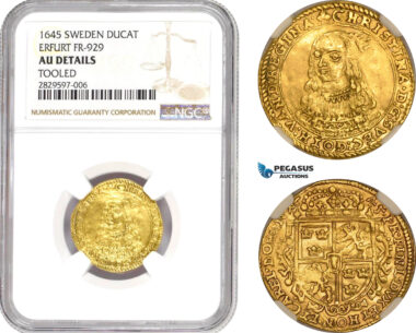 AD048, Sweden, Kristina, Ducat 1645, Riga or Erfurt, Gold, NGC AU Details