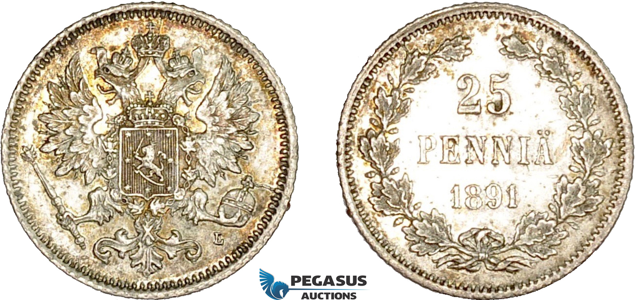 AD059, Finland (under Russia) Alexander III, 25 Penniä 1891-L, Silver, Toned AU