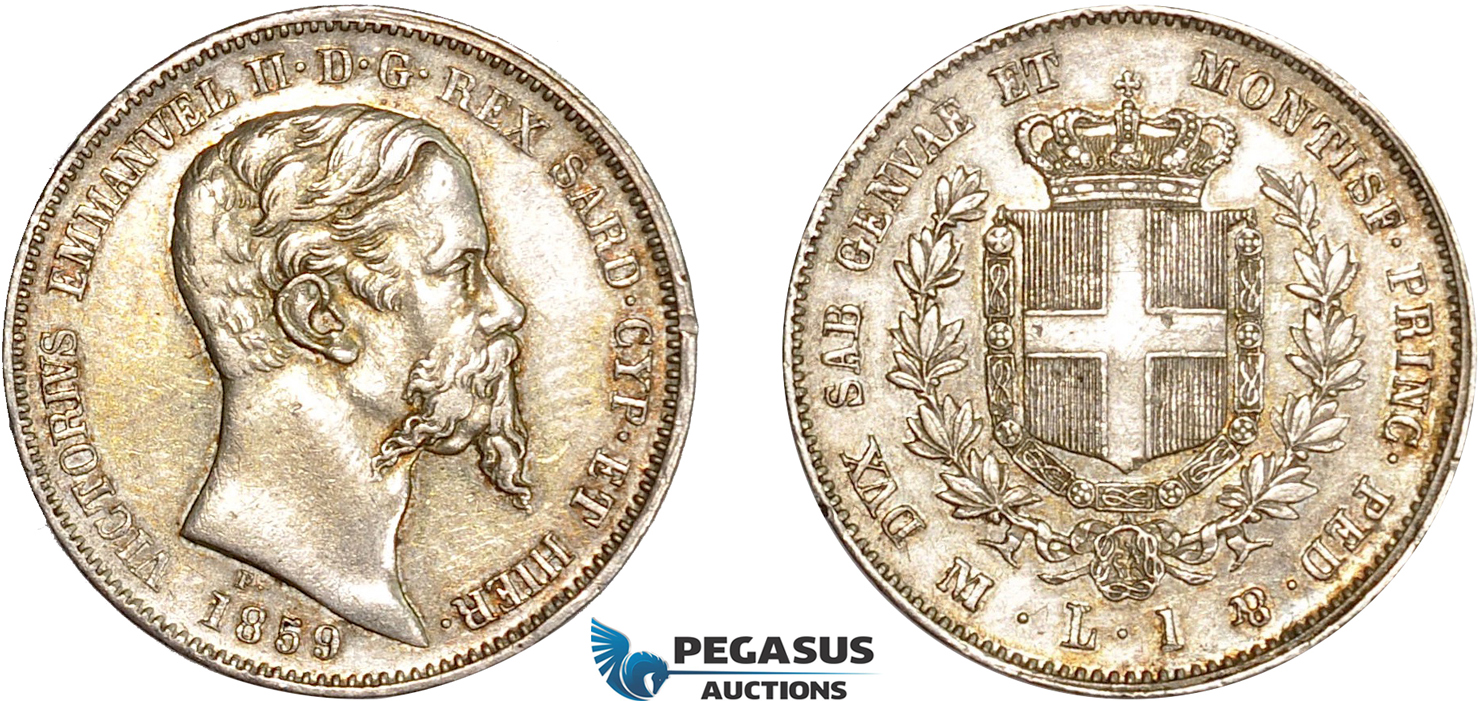 AD074, Italy, Emilia, Vitt. Emanuele II, 1 Lira 1859-M, Milan, Silver, Toned XF-AU
