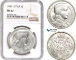 AD148-R, Latvia, 5 Lati 1929, Silver, NGC MS62