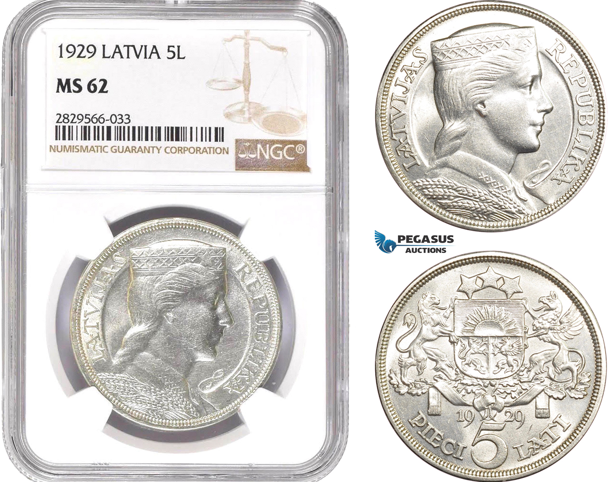AD148-R, Latvia, 5 Lati 1929, Silver, NGC MS62