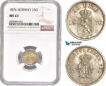 AD155-R, Norway, Oscar II, 25 Øre 1876, Kongsberg, Silver, NGC MS63