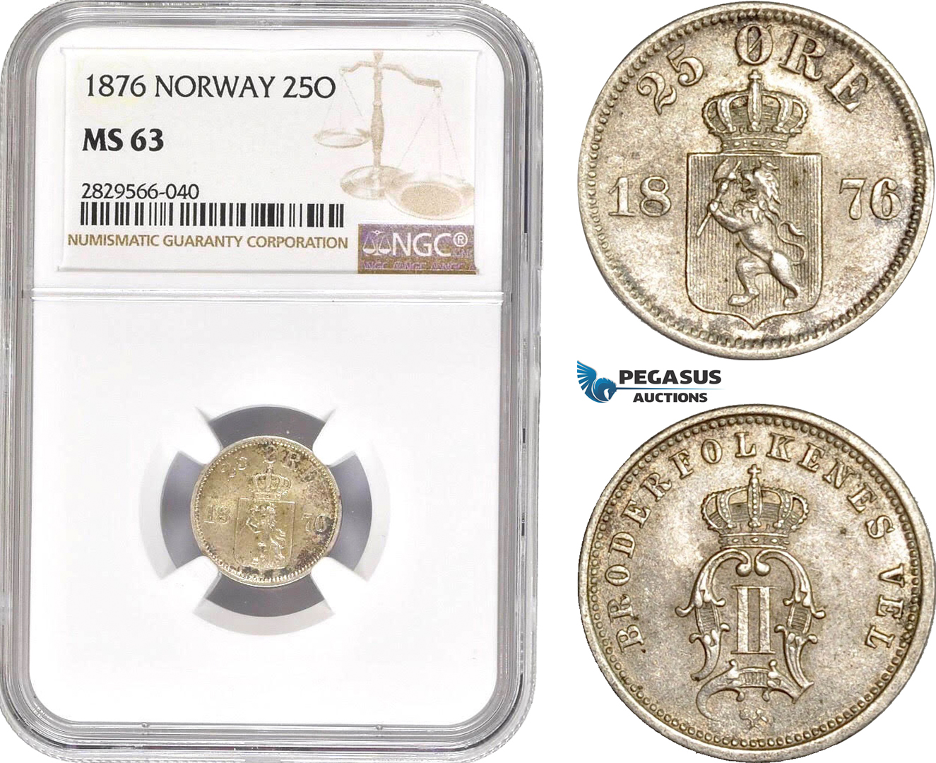 AD155-R, Norway, Oscar II, 25 Øre 1876, Kongsberg, Silver, NGC MS63