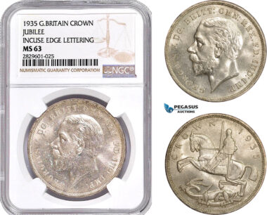 AD213, Great Britain, George V, Crown 1935, Silver, Jubilee, Incuse Edge Let. NGC MS63