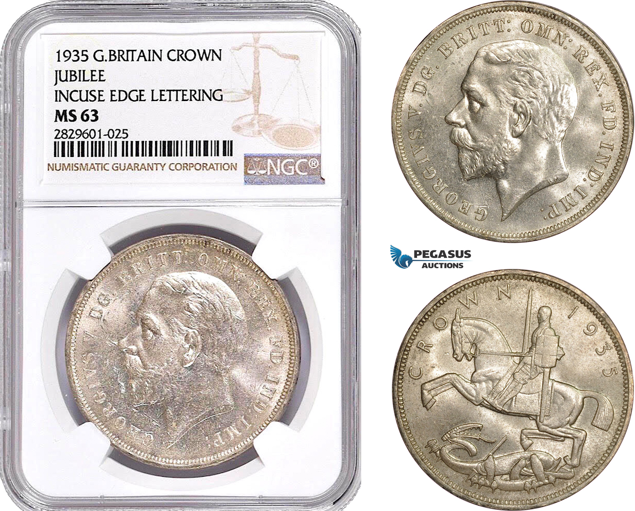 AD213, Great Britain, George V, Crown 1935, Silver, Jubilee, Incuse Edge Let. NGC MS63
